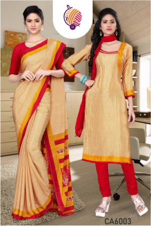 Golden Yellow & Red Printed Uniform Saree CA6003